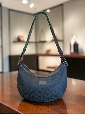 Gucci Black GG Canvas Crescent Shoulder Bag with Green-Red Web Strap